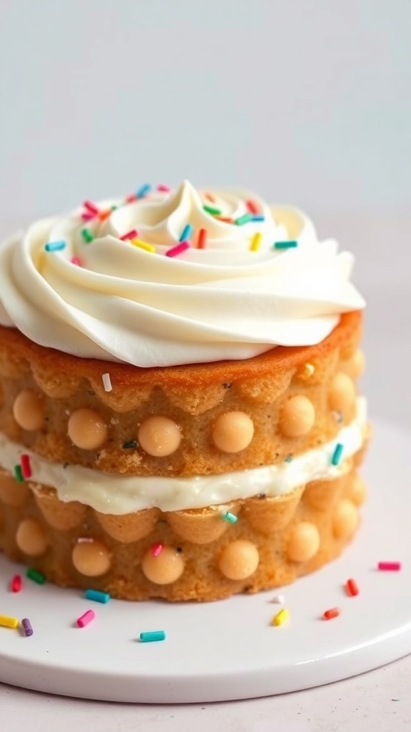 A cake with fluffy 7-minute frosting and colorful sprinkles on a pastel background.
